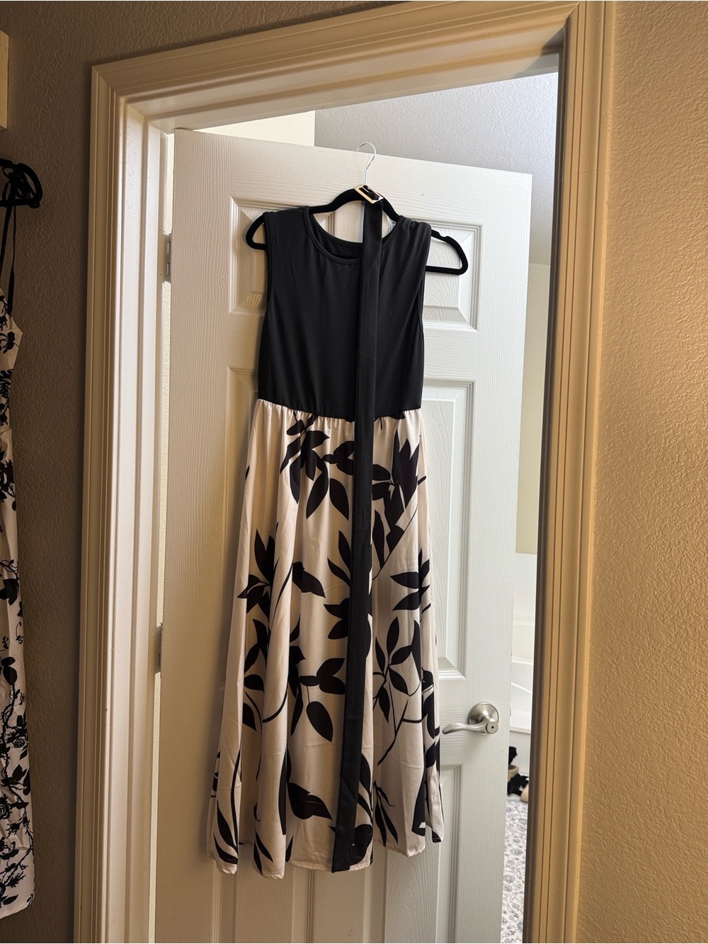 Sleeveless Black and Cream Floral Midi Dress
